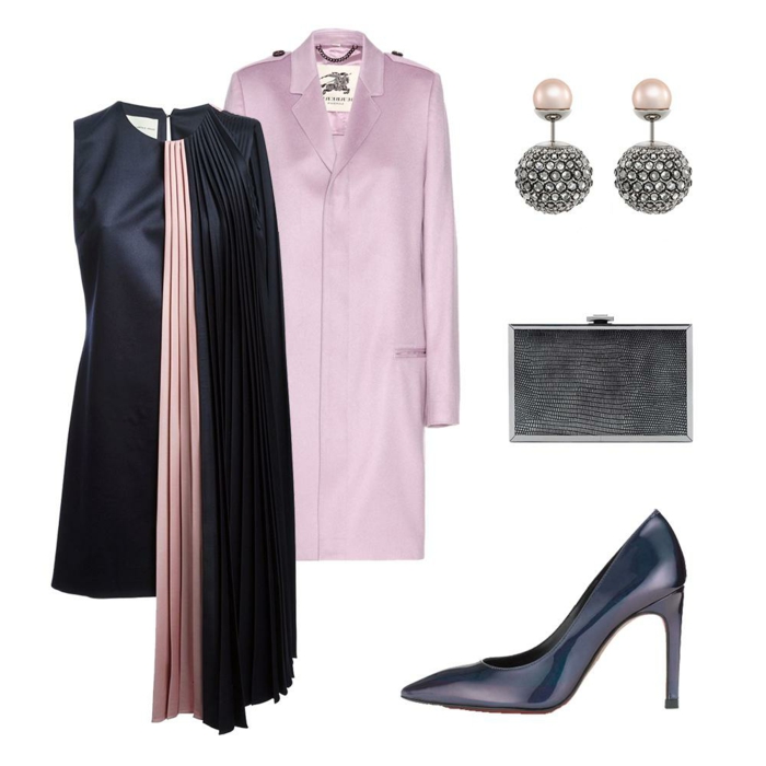 tenue de mariage femme en rose et noir, en satin, robe asymétrique devant, avec partie plissée, col rond, veste lila, escarpins noirs de style classique, pochette noire en métal, boucles d'oreilles rondes avec des pierres Swarovski blanches