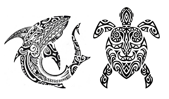 modele de tatouage, dessin en blanc et noir avec tortue et requin aux motifs tribal