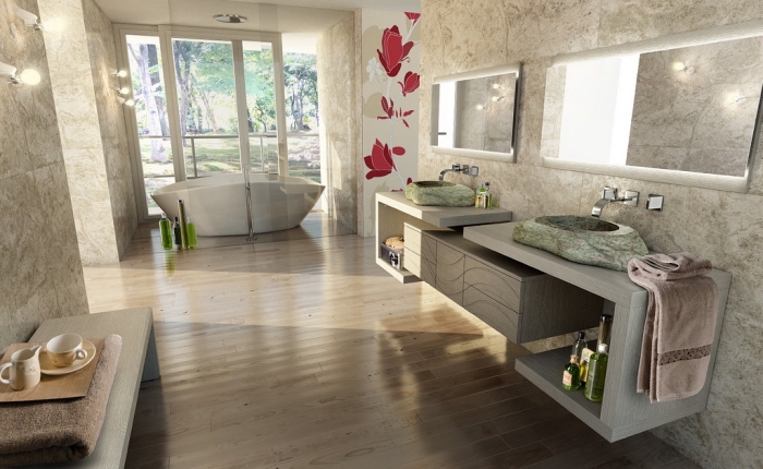 plancher salle de bain, déco salle de bain en beige et blanc avec meubles en gris, modèle de vasque en vert