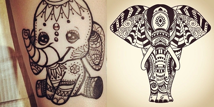 modele de tatouage, petit éléphant aux motifs ethniques et mandala, tatouage aux motifs éléphant