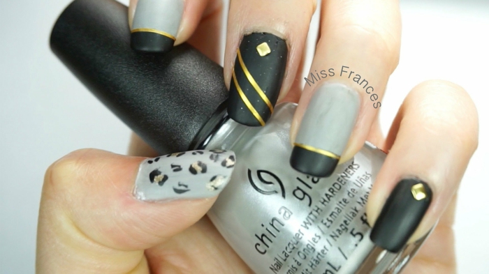 Matte top coat nail art matte and shiny nails design noir gris et doré
