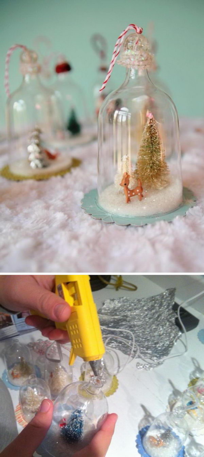fabriquer une boule à neige, diy facile pour fabriquer une cloche en verre miniature à suspendre au sapin de noël, réalisée à partir de verre de vin plastique