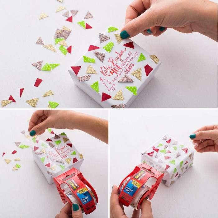 des triangles de papier colorés sur un paquet en papier blanc, ruban adhesif, tuto paquet cadeau décoration
