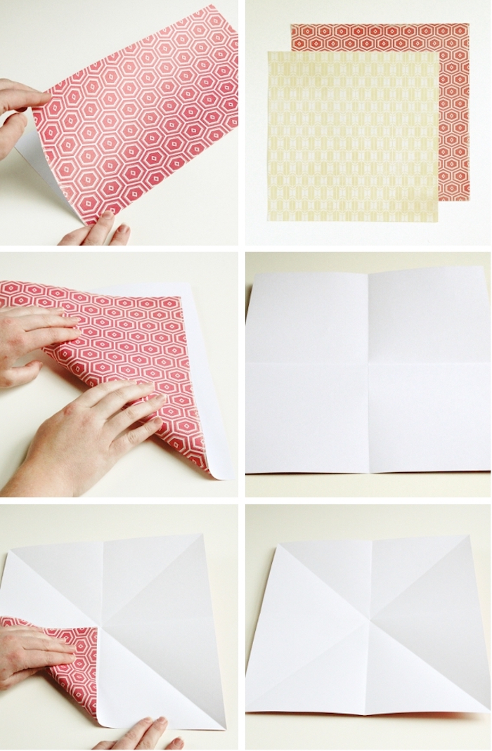 exemple de tuto paquet cadeau, technique de pliage origami pour fabriquer une boite cadeau dans du papier rouge et blanc