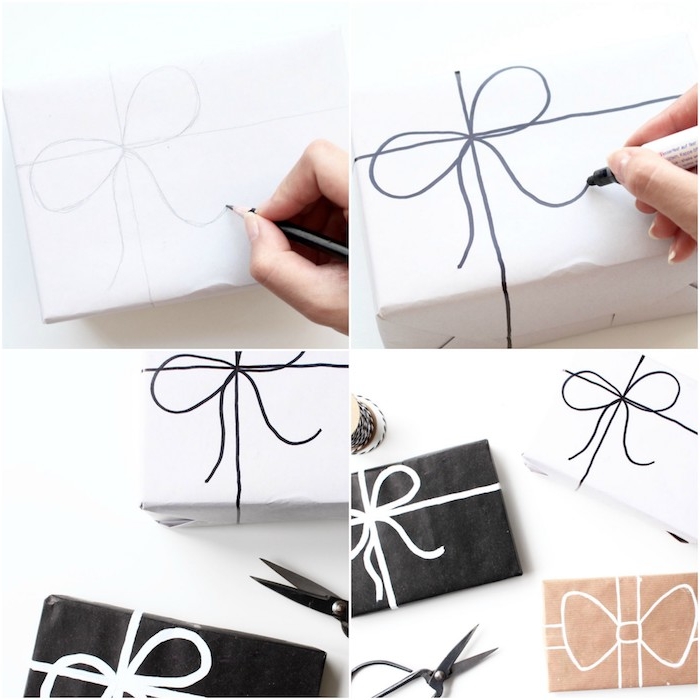 faire un paquet cadeau soi meme, une idée de cadeaux emballés de papier noir, blanc et kraft avec motif noeud de ruban dessiné au feutre blanc ou noir