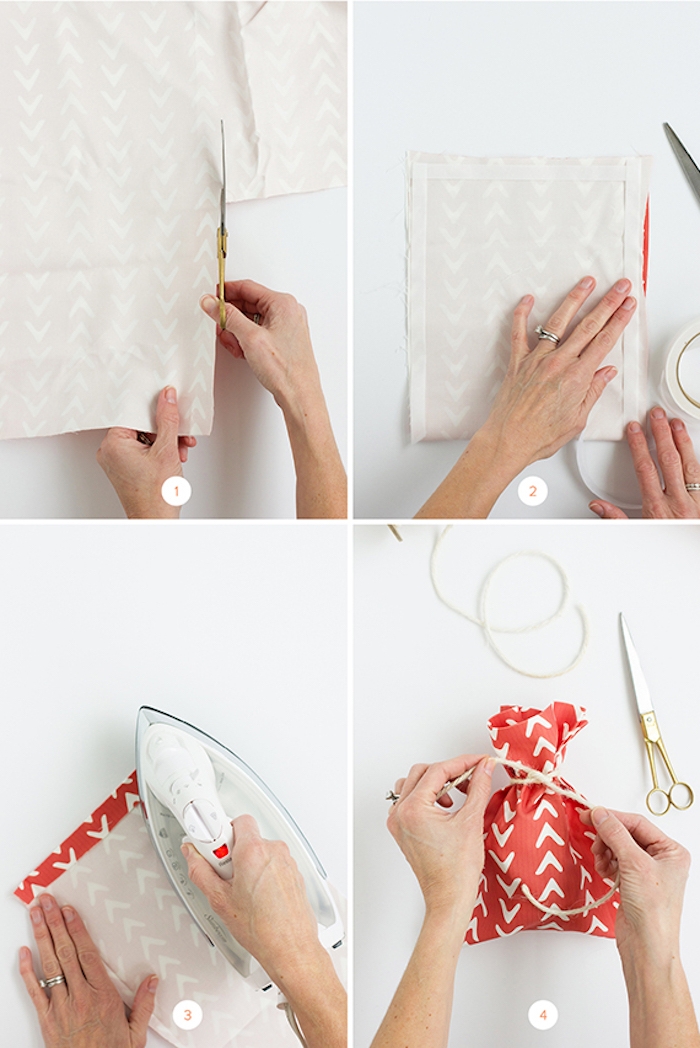 idée tuto paquet cadeau, petit sac en tissu rouge et blanc, technique à réaliser sans coudre