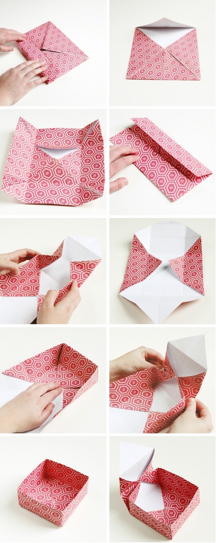 deucimeme étape du tuto paquet origami pour créer une boite en papier rouge et blanc, pliage simple, technique japonaise