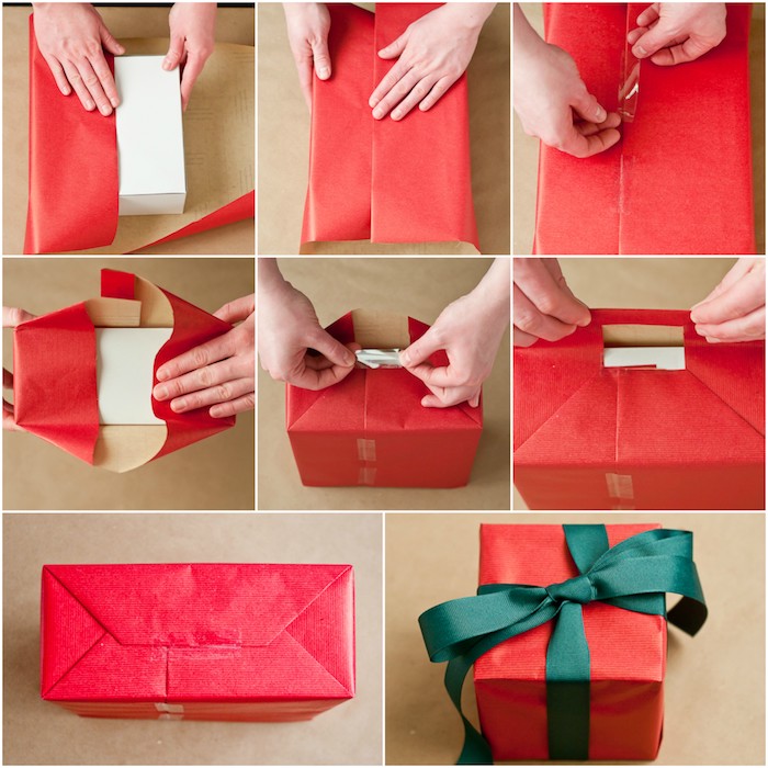 comment emballer un cadeau, technique classique, pliage papier rouge pour emballer une boîte en forme de cube