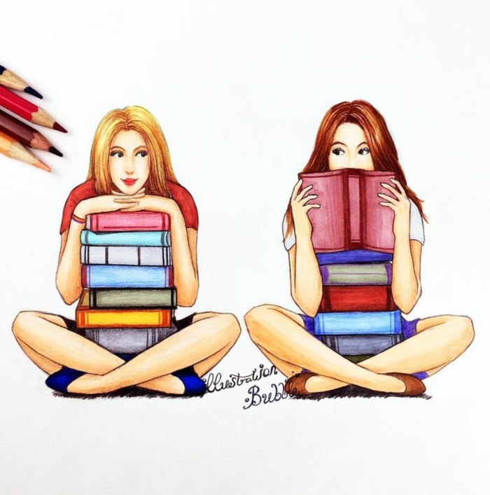 Deux amies qui aiment lire ensemble dessin mignon dessiner deux filles dessin coloré 