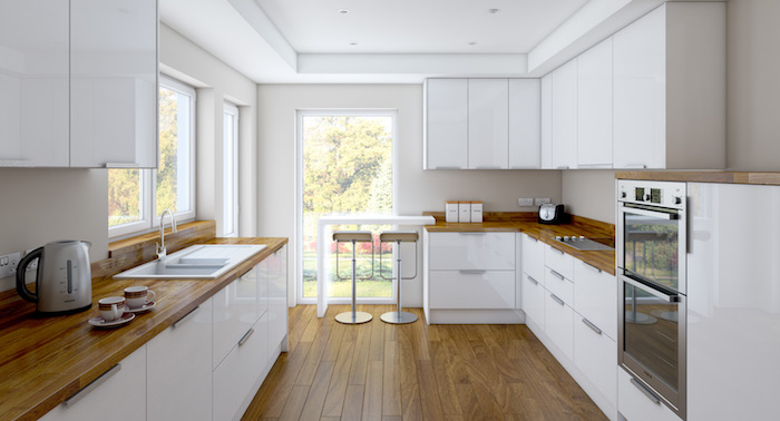 modele de cuisine bois et blanc, parquet bois clair, plan de travail bois, meubles hauts et bas blancs