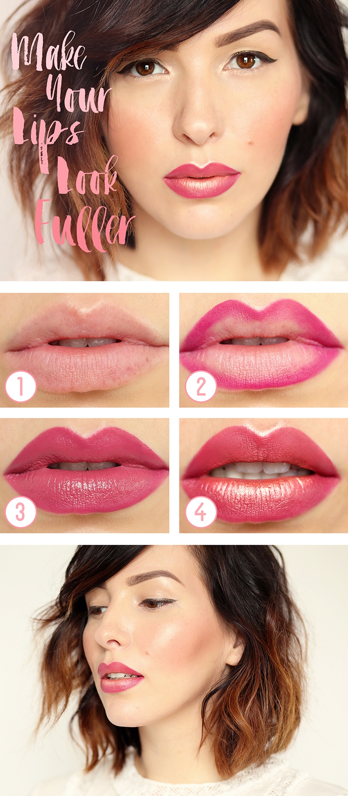 tutoriel pour apprendre à appliquer le rouge à lèvres framboise avec baume et crayon à lèvres