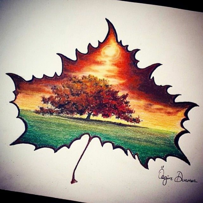 Feuille d'automne silhouette et paysage automne dedans cool image dessin crayon coloré
