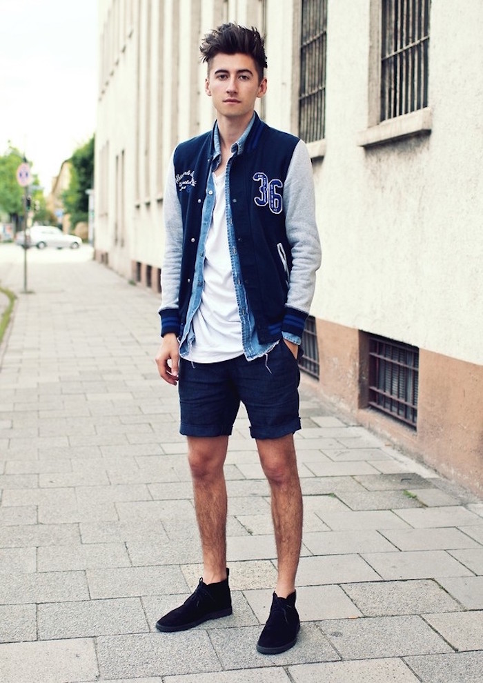 chemise en jean homme avec short chaussure bottines chukka chelsea veste baseball