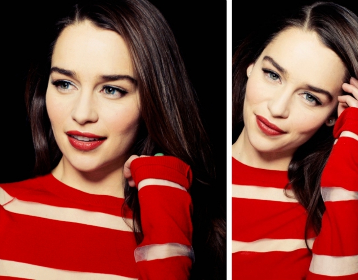 coiffure et maquillage célébrité d'Emilia Clarke, modèle de blouse rayée en rouge et nuance transparente