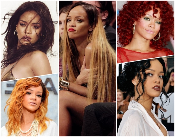 couleur acajou cheveux, coiffure de célébrité Rihanna, coloration claire ou foncée pour des yeux verts