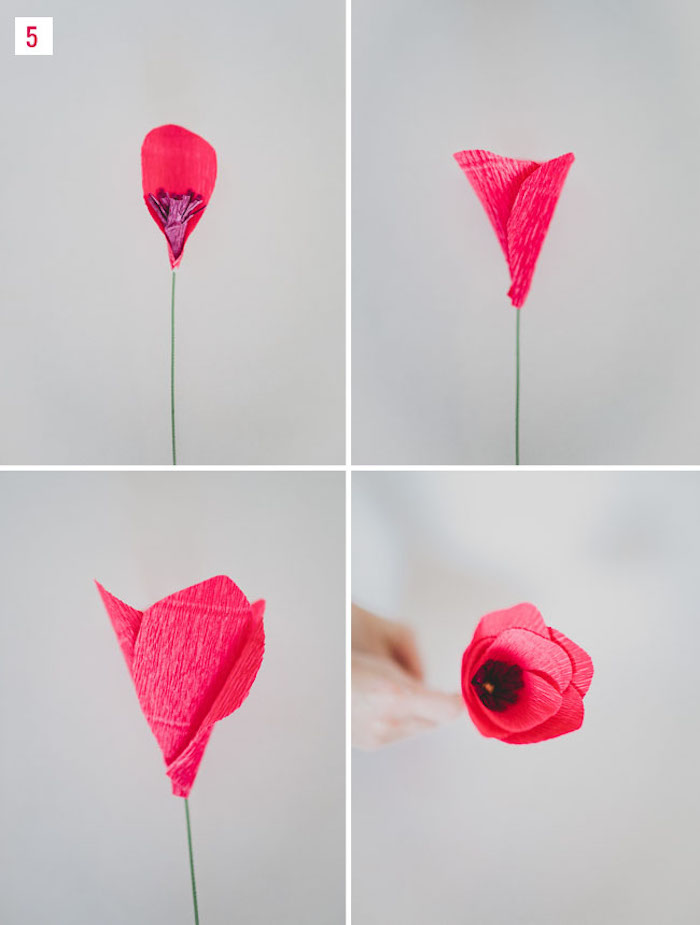 assembler les pétales rouges autour de la fleur, idée pour fabriquer une fleur en papier crepon soi meme, tuto fleur simple
