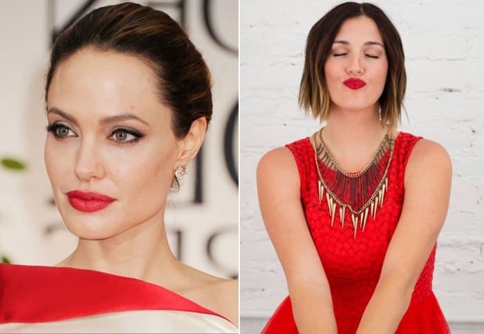 maquillage yeux verts foncés, coiffure et maquillage célébrité d'Angelina Jolie en robe et lèvres rouge