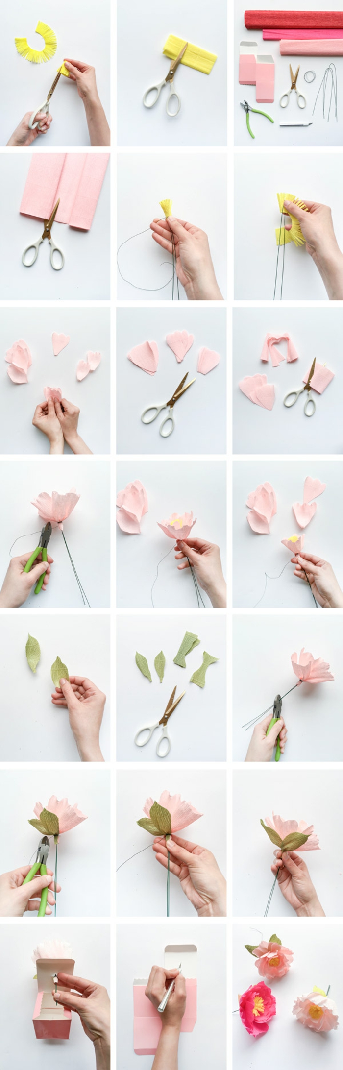 tuto fleur papier simple, comment faire de simles fleurs en papier crépon à pétales roses, feuilles vertes et tige de fil de fer vert