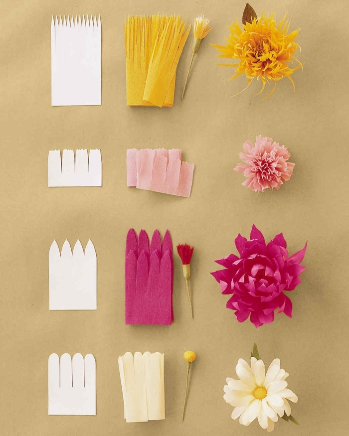 bricolage fleurs en papier crépon fabriquées à partir de bande de papier entaillé à finitions diverses, activité manuelle adulte