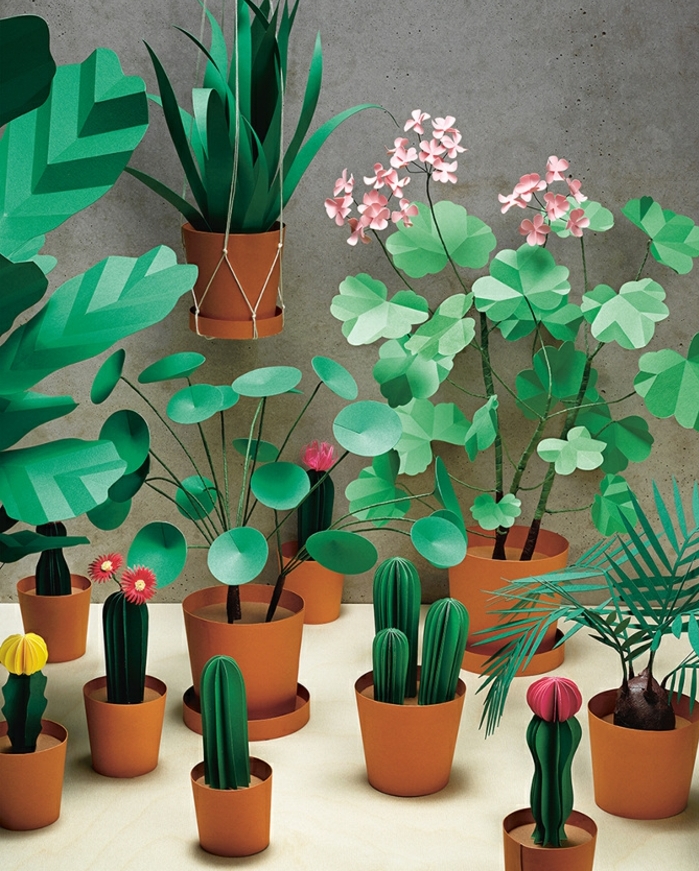 petit jardin maison de plantes artificielles, comment faire une fleur en papier, fleurs vertes, cactus et autres gengres dans des pots de fleurs