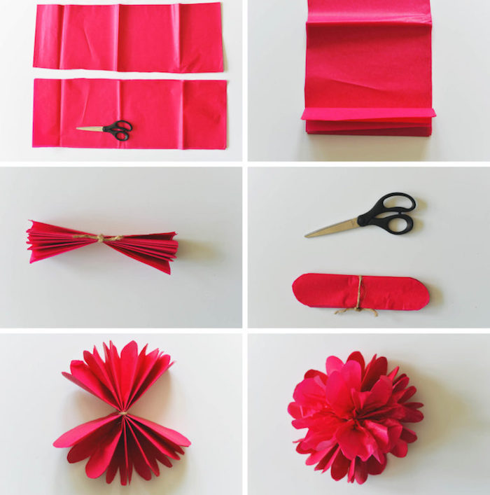 exemple de fleur en papier de soie rouge, technique de fabrication à partir de bandes de papier pliées en accordéon