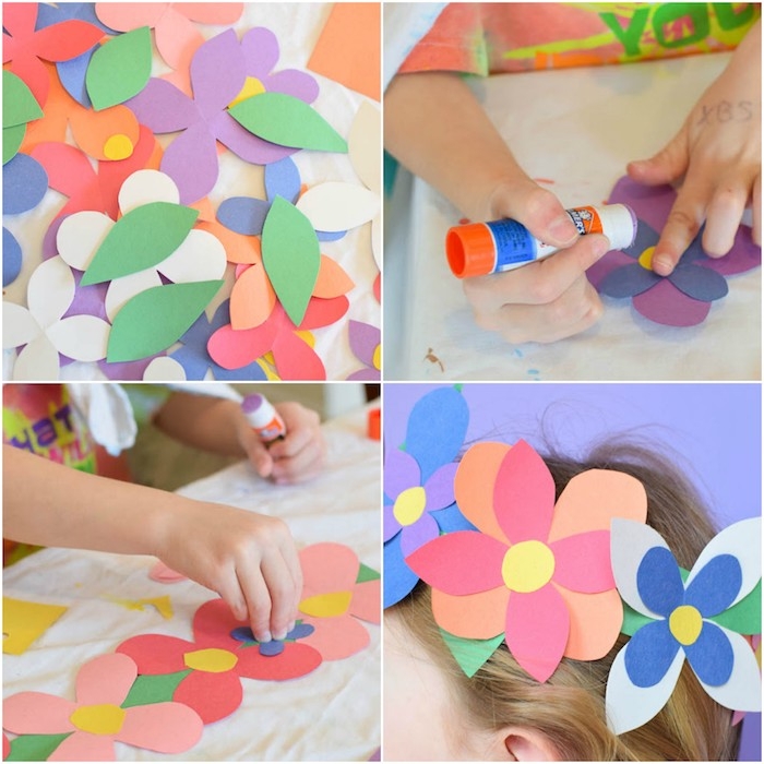 idée comment faire une fleur en papier facile de pétales colorés arrangées en couronne de fleurs sur les cheveux d une petite fille