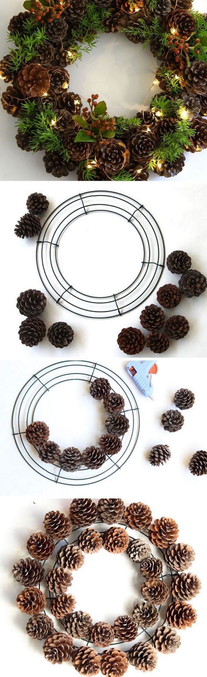 une jolie couronne de noël naturelle réalisée avec un cercle métallique décoré de pommes de pin et branches de verdure, deco noel a faire soi meme