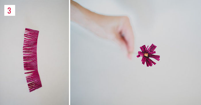 bricolage de fleur en papier crepon pour adultes, partie centrale frangée pour constituer le coeur de votre fleur