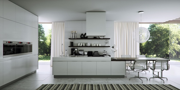 cuisine blanche et grise, avec mobilier de cuisine et îlot central blanc, sol carrelage gris, etageres ouvertes, suspension boule blanche