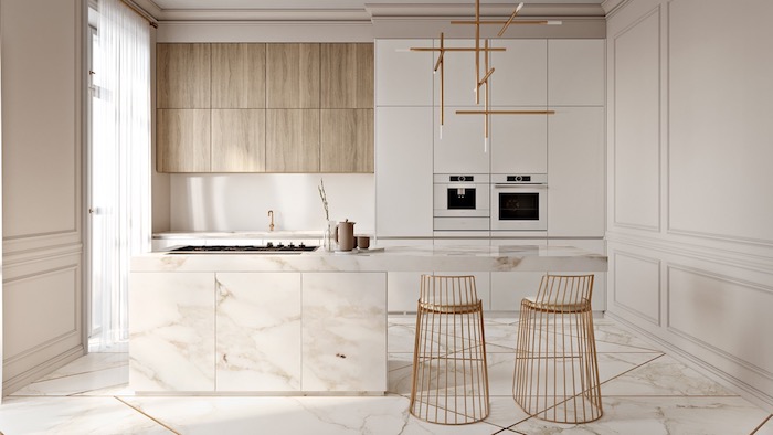 cuisine bois et blanc style scandinave, meuble cuisine blanc avec ilot central marbre et chaises finition dorée, sol marbre