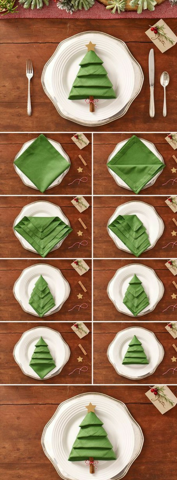 centre de table noel, pliage de serviette verte en forme de sapin dans une assiette, comment disposer les plats pendant le souper de Noël