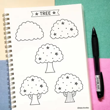 dessin arbre facile kawaii couronne forme nuage etoiles dots