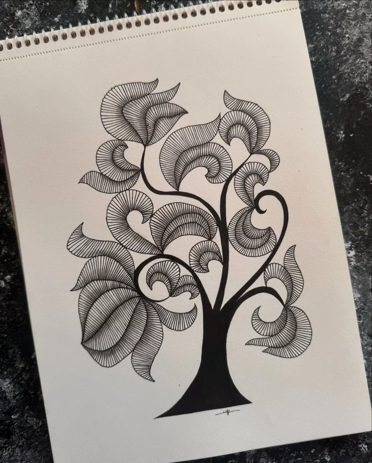 dessin artistique abstrait tronc fonce noir branches feuilles