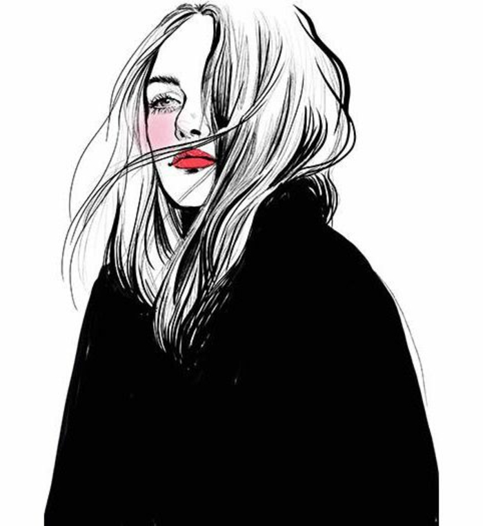 dessin femme noire, dame aux cheveux blonds, portrait noir et blanc, beau visage avec allure chic, veste en noir, cheveux éparpillés au vent