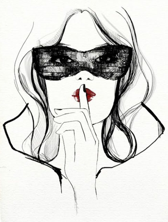 portrait noir et blanc, dessin femme noire, yeux couverts de lunettes noires qui ressemblent a de la dentelle noire, femme fatale et provoquante