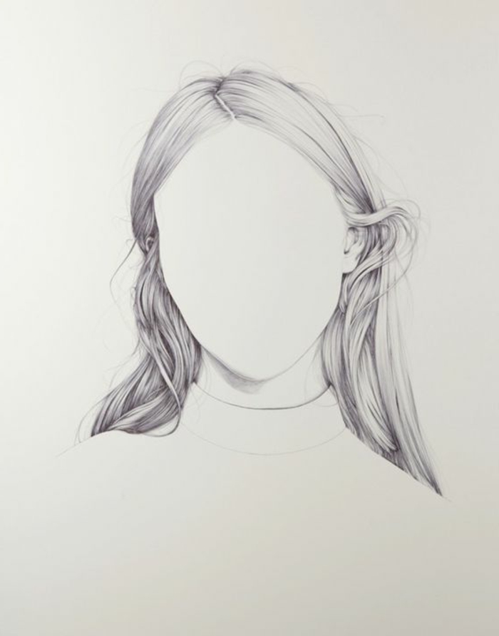 portrait noir et blanc, dessin femme noire, image noir et blanc, femme sans visage, cheveux longs tombants librement sur le dos, cou couvert