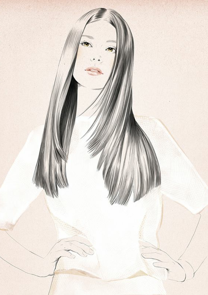 dessin femme noire et blanc, fille aux cheveux longs, lèvres roses, couleur pêche, air innocent, mannequin au corps svelte