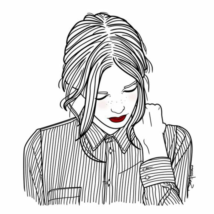 dessin femme noire pensive, regardante vers le bas, cheveux longs en queue de cheval lâche, chemise avec des rayures verticales, rouge a lèvres rouge 