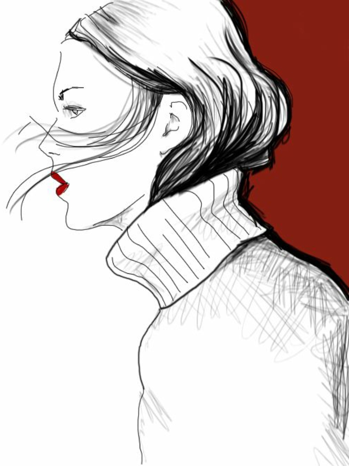 dessin femme noire, portrait noir et blanc, femme avec les cheveux dans le col de son pull au col roulé, lèvres rouges, sourcils fins