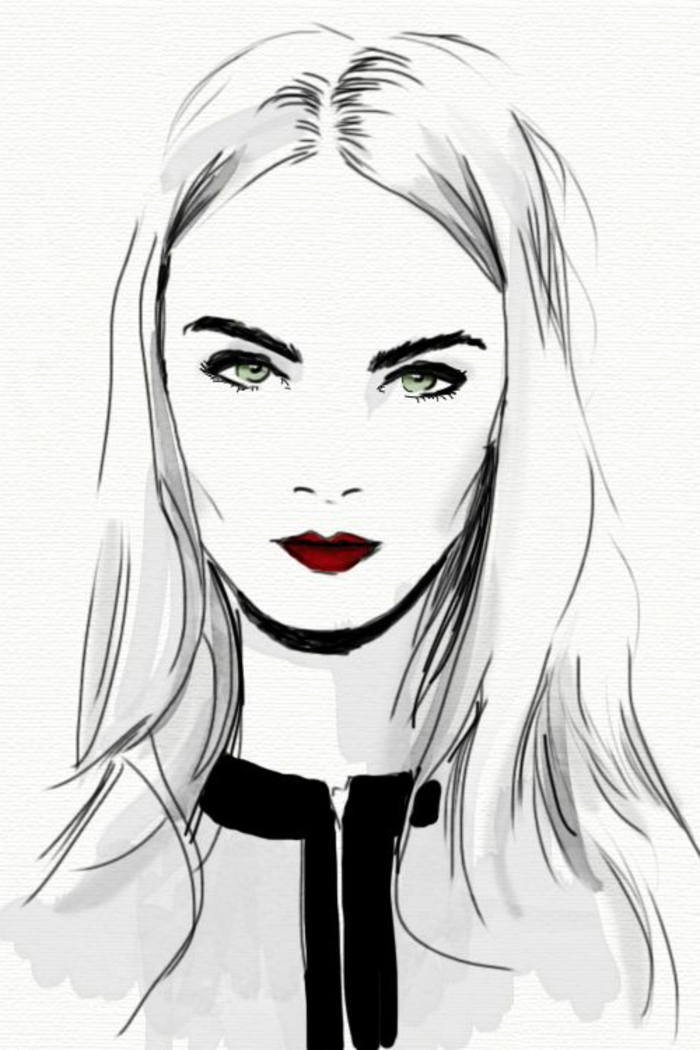 portrait noir et blanc avec du rouge pour les lèvres, femme look de vamp, cheveux longs avec la raie au milieu, vêtements très élégants