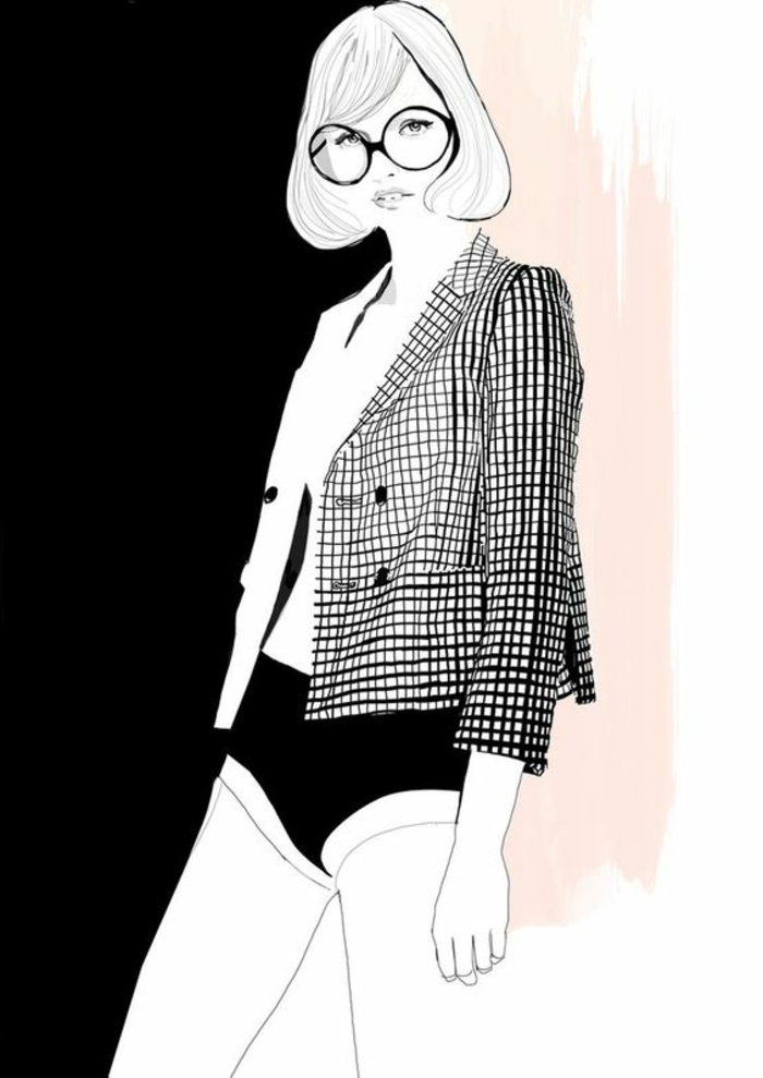 dessin femme noir et blanc, dame avec la coupe au carré, avec grande monture grandes lunettes rondes, veste aux carreaux, culotte noire