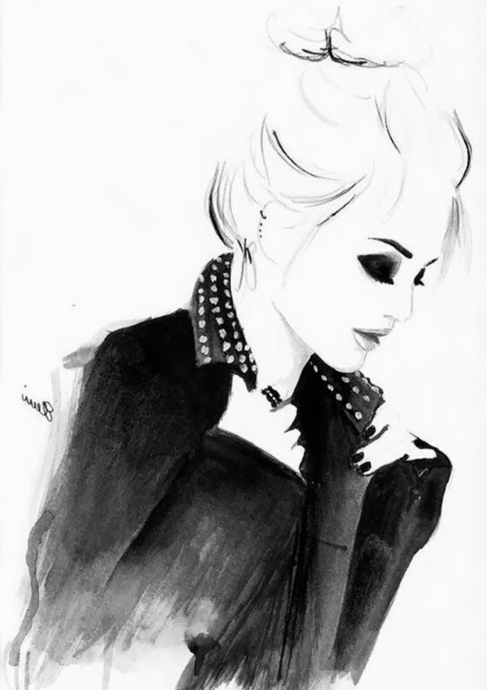 dessin femme noir et blanc, dame classe, avec des vêtements et des bijoux hyper stylés, cheveux en chignon cool, visage au teint de porcelaine