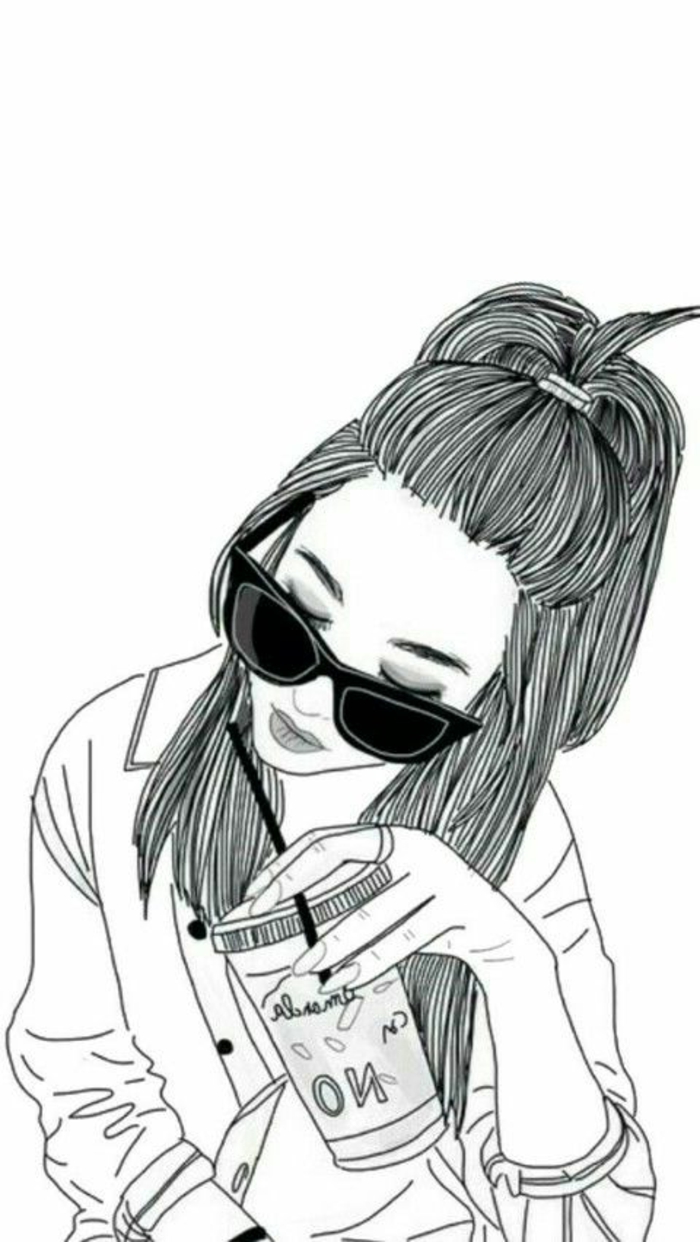 dessin femme noire, portrait noir et blanc, cheveux longs avec des lunettes de soleil, femme qui boit une boisson gazeuse, dessin femme noir et blanc