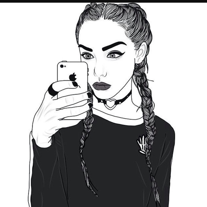 fond d'écran téléphone, dessin blanc et noir à design fille ado swag aux cheveux tressés et rouge à lèvres foncé