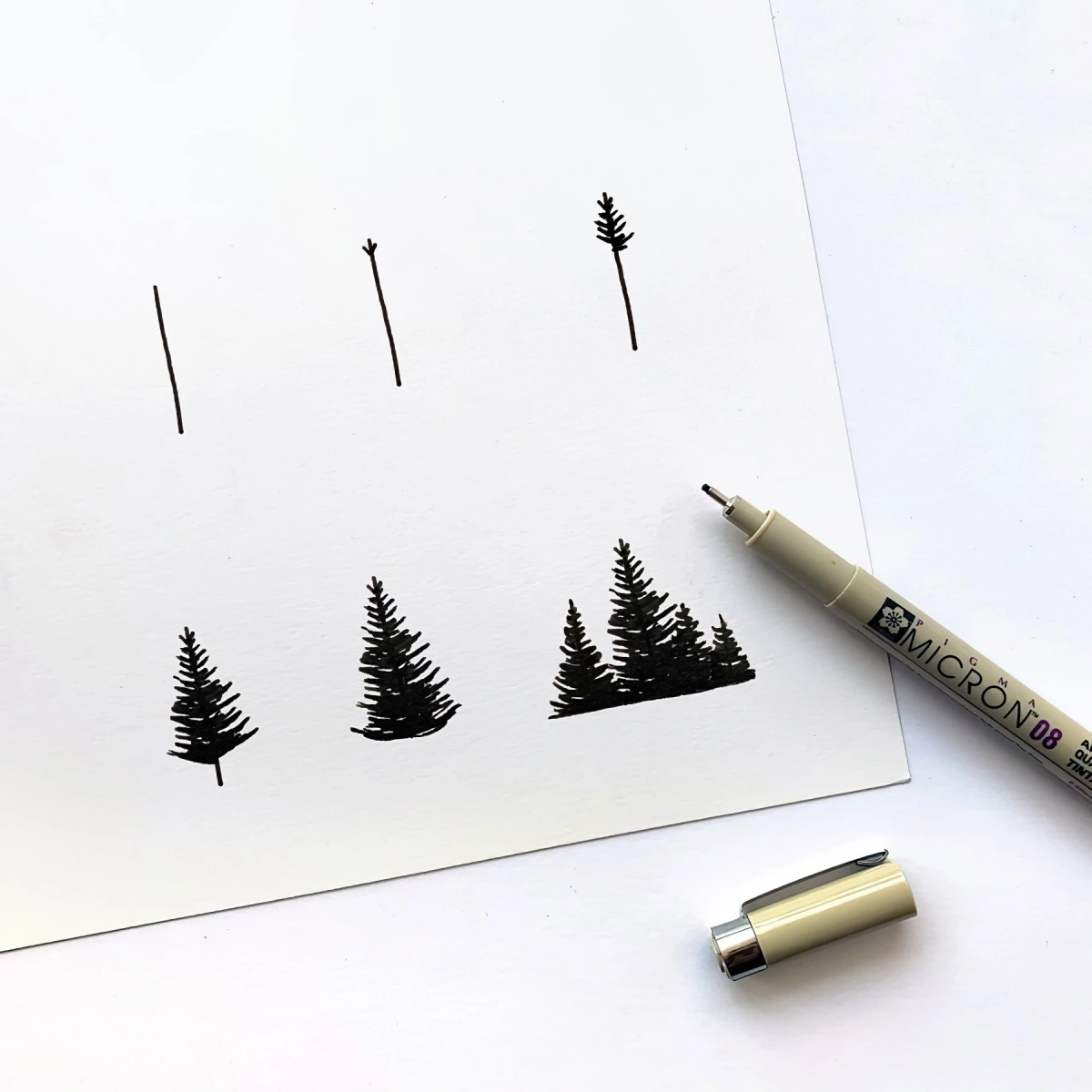 dessiner un sapin realiste foret conifere lignes fines feuille blanche