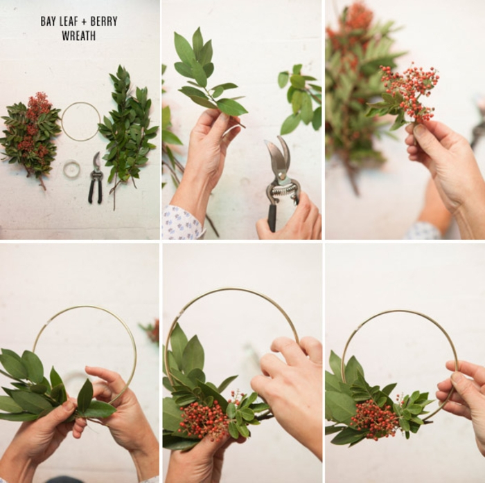 un bricolage de noel facile pour réaliser une mini-couronne de noel en feuilles de laurier et des fruits rouges