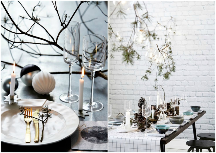 une décoration de table élégante de style monochrome avec un centre de table en branches et accents naturels 