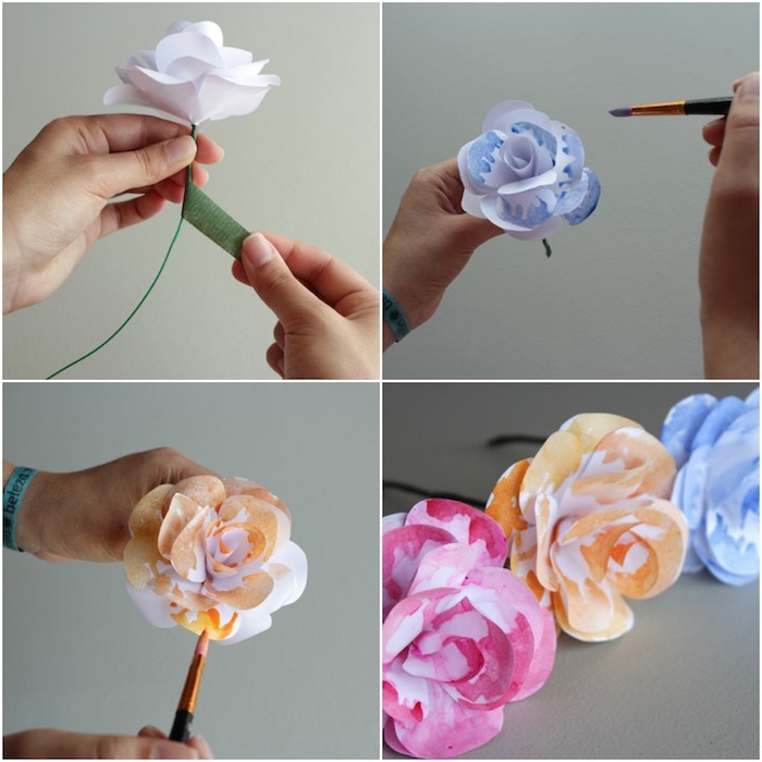 modele de fleur en papier facile, pétales blanches et tige en fil de fer enveloppée de ruban fleuriste, peinture sur les pétales