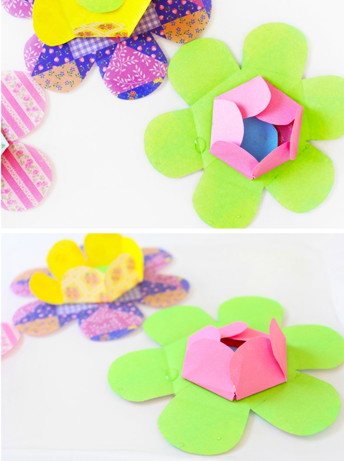 exemple comment faire des fleurs en papier pliage origami, fleurs vertes et colorées avec un centre de feuille rempliée ver l interieur