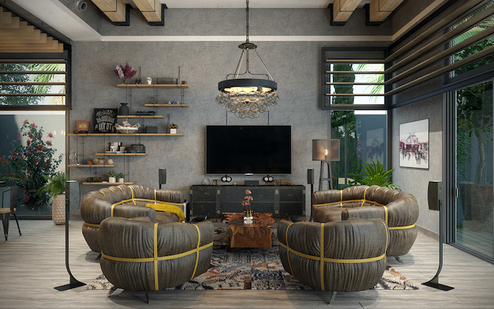 salon style industriel avec canapé et fauteuils gris, parquet grisé, poutres apparentes, etagere bois et metal, meuble tv en coffre bois